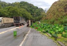 Carreta carregada de limões tomba na Dutra e deixa dois feridos graves em Piraí