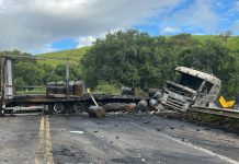 Carreta com óleo lubrificante pega fogo e explode na BR-393